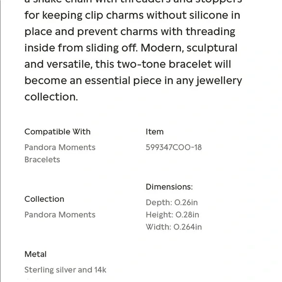 Authentic Pandora Moments Two-tone Barrel Clasp Snake Chain Bracelet - FIRM - Picture 10 of 15